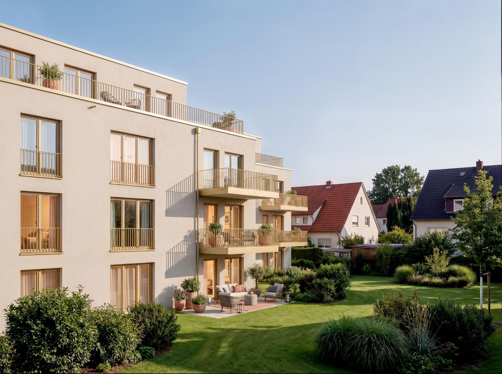 Gartenansicht der Augusta Apartments mit Balkonen und grünem Innenhof