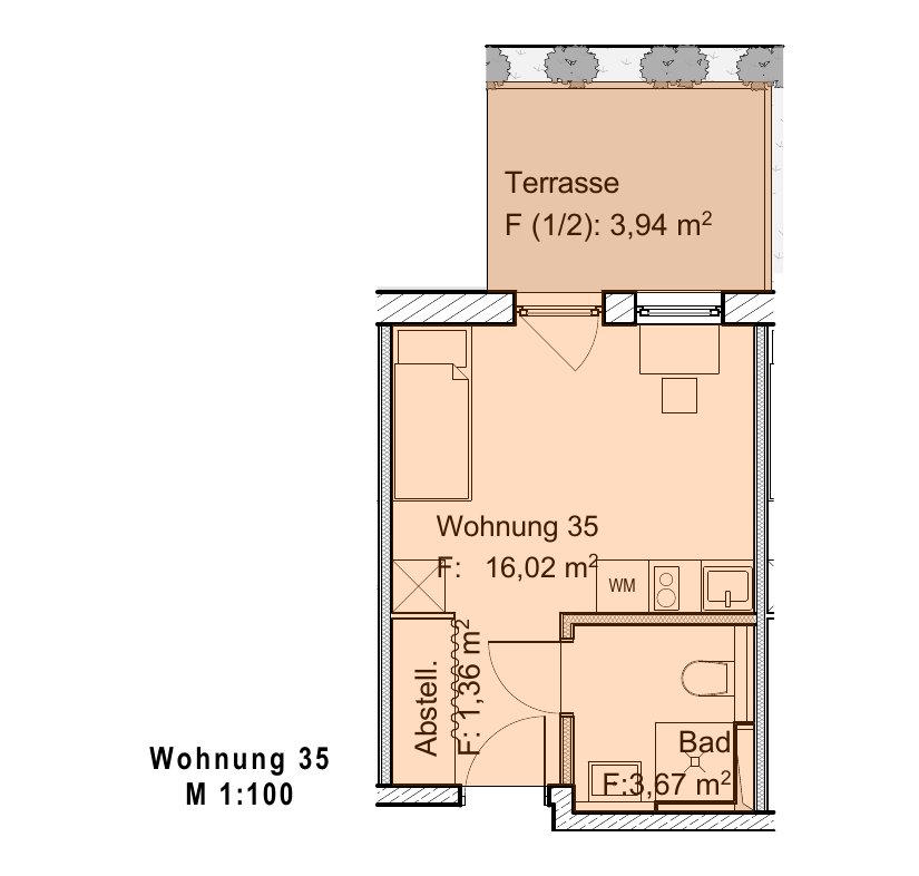 Beispielgrundriss eines Apartments mit Wohn-/Schlafbereich, Bad, Abstellraum und Terrasse