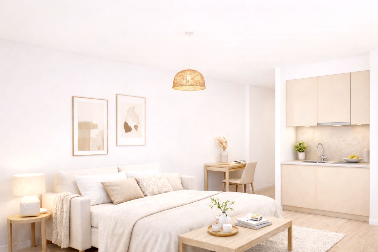 Helles Apartment-Interieur mit Wohn- und Schlafbereich sowie Küchenzeile